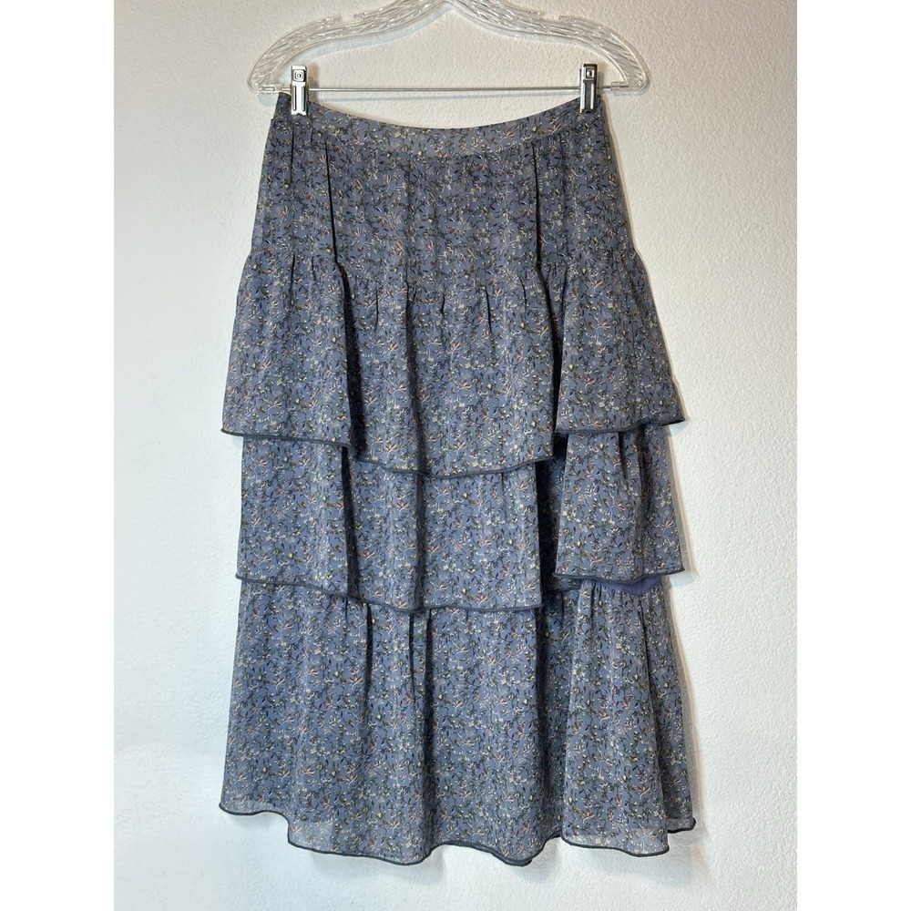 New Kori Blue Ditzy Floral Tiered Midi Skirt Sz M Cottagecore Boho Modest‎ 27x31
